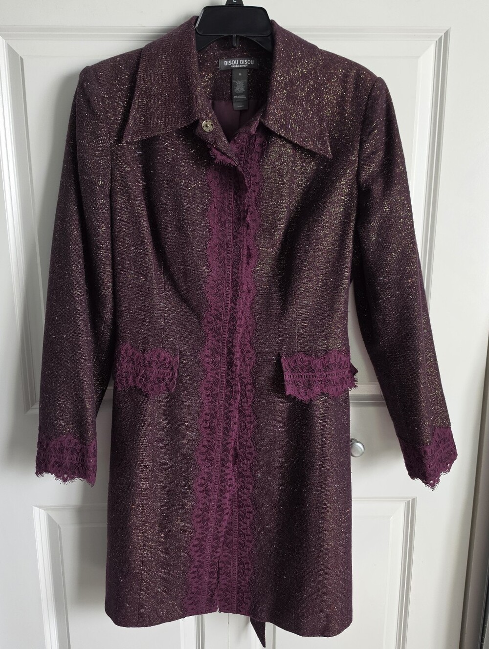 Bisou Bisou Women's Plum Metallic Lace-Trim Coat